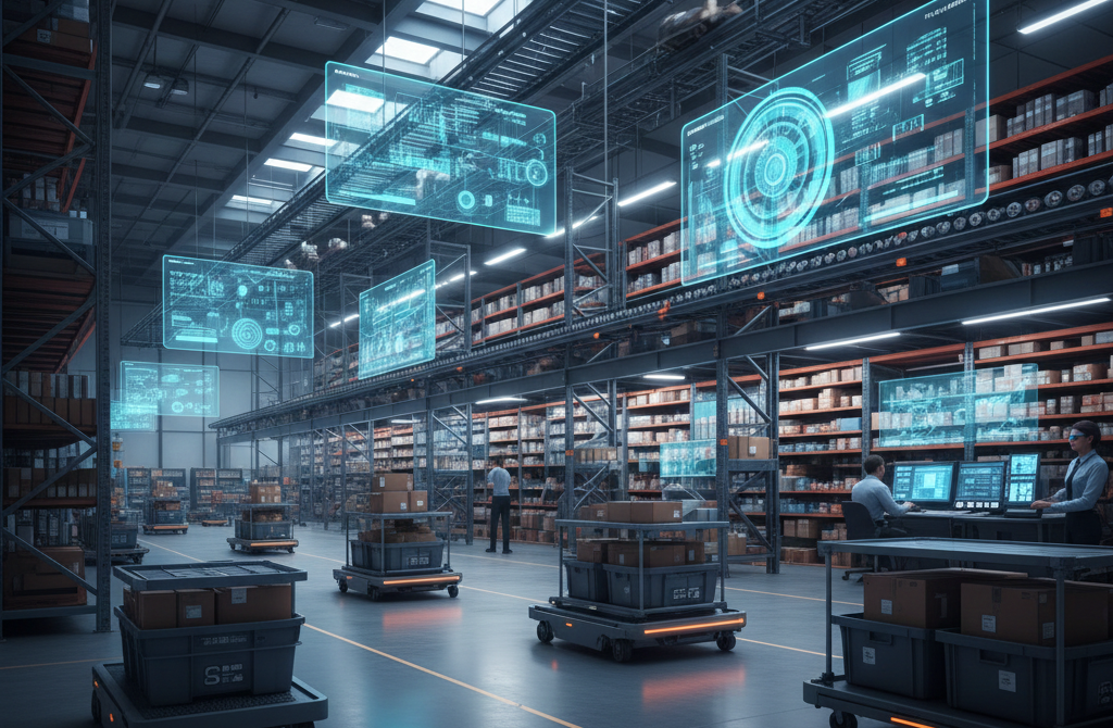 Large fulfilment centre warehouse with automated pick systems, racking, and logistics infrastructure